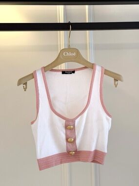 Balmain White Ribbed Crop Top with Pink Trim and Gold Buttons